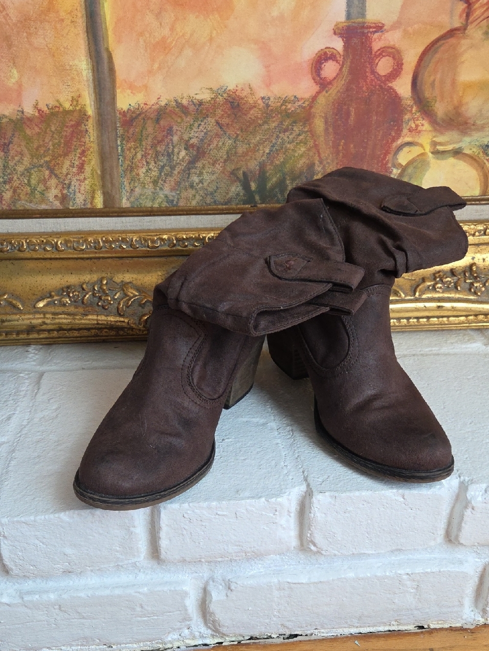 Rocket Dog Brown Suede Fold-Over Heeled Ankle Boots